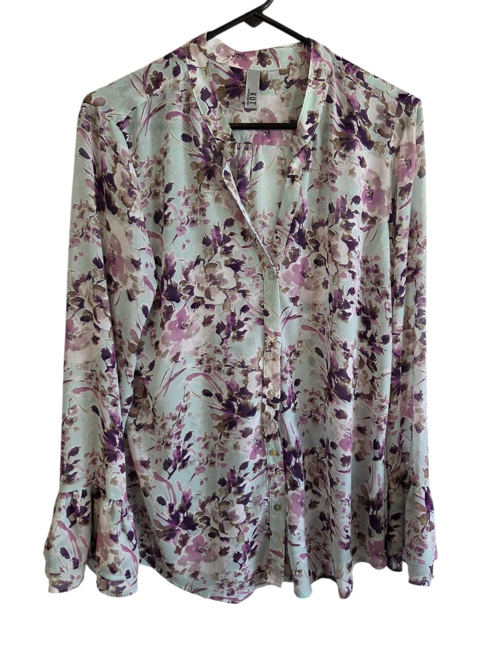 Kut From The Kloth Semi-Sheer Floral Long Ruffle Sleeve Button Down Shirt Size L